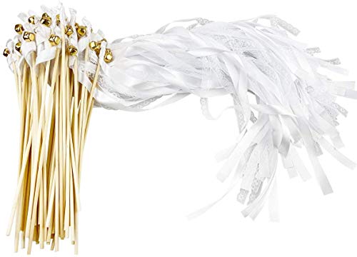 CODOHI 50er Pack Band Zauberstäbe Hochzeit Luftschlangen mit Glocken, Seidenfee Stab Party Favors für Hochzeit Baby Shower Party Aktivitäten Feiertagsfeier (weiße Spitze) von CODOHI