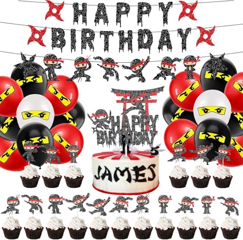 Ninja Geburtstag Party Dekorationen Ninja Happy Birthday Banner Ninja Cupake Topper Luftballons Babyparty Party Dekoration Supplies von CODOMOR