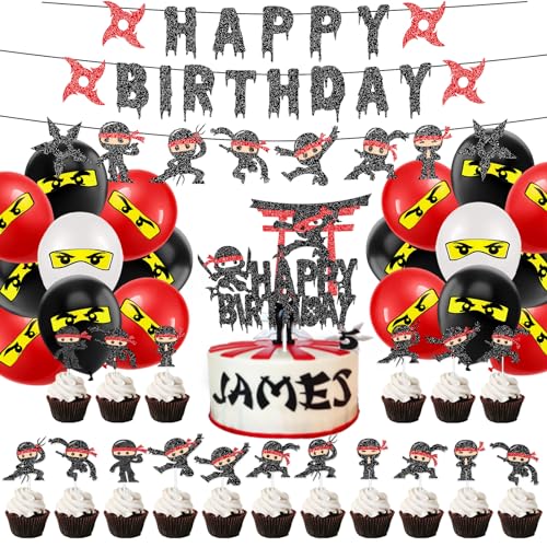 Ninja Geburtstag Dekoration Ninja Party Deko Jungen Ninja Happy Geburtstag Banner Ninja Luftballons Ninja Cake Topper Cupcake Aufsatz für Kinder Geburtstags Party Kuchen Deko von CODOMOR