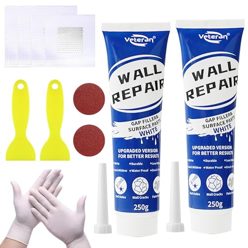 Spachtelmasse Weiß Innen, 500g fertigspachtel von Löcher Wand Füllen Weiß, Wandreparatur Creme Mit 4 Trockenbau Flicken 2 scraper und 2 Schleifpapier, Wall Repair Kit für Reparatur von Rissen, Löchern von COEKI