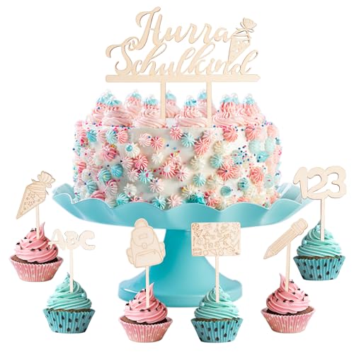 Tortendeko Einschulung Holz, 7 Stück Einschulung Cupcake Topper Dekorationen, Schulanfang Tortendeko Tortendeko Einschulung Holz Cake Topper zur Einschulung personalisiert Tortendekoration für Junge von COEKI