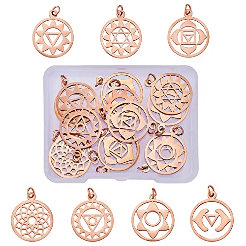 COGCHARGER 14 Stück Chakra-Edelstahl-Charm-Anhänger, flach, rund, Chakra-Anhänger, Roségold, für Schmuck, Halsketten, Armbänder, Ohrringe, Handwerk von COGCHARGER