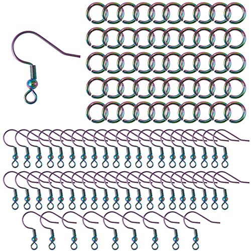 COGCHARGER Edelstahl-Ohrringhaken, 50 Stück Regenbogenfarben, Ohrringhaken, Ohrdrähte, Fischhaken, hypoallergen und 50 Stück offene Binderinge, mehrfarbig für DIY-Ohrringherstellung von COGCHARGER