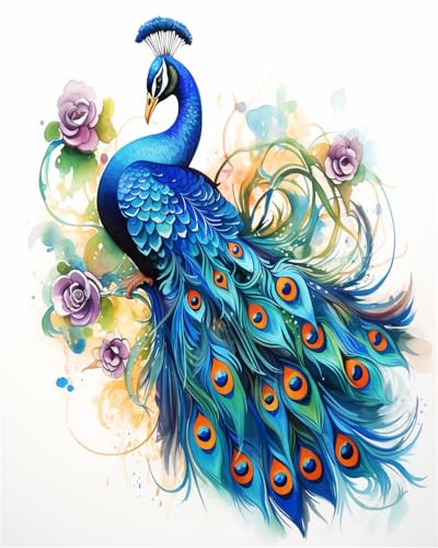 COKYIS Diy Perlenstickerei-Set，Aquarell-Pfau，Perlenstickerei-Set，Tier-Kreuzstich-Set，Kreuzstich-Stickerei-Nadelarbeitsset 40x50cm von COKYIS