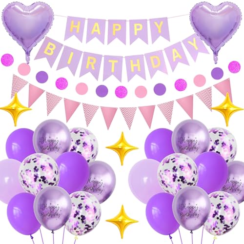 COLANANA Happy Birthday Banner Ballon Party Dekorationen, lila Themen-Dekorationsset enthält Banner, Kreis Punkt Papiergirlande, Wimpel, Stern Liebe Herz Ballons für Damen und Herren von COLANANA