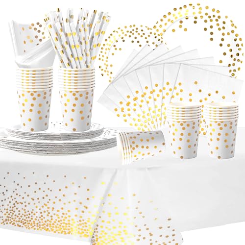 COLANANA Partygeschirr Kindergeburtstag,Weißes Gold Geburtstag Party Geschirr Set mit Teller Tischdecke Tassen Servietten Papier Strohhalme für Babydusche Geburtstag Hochzeit Party(16 Gäste) von COLANANA