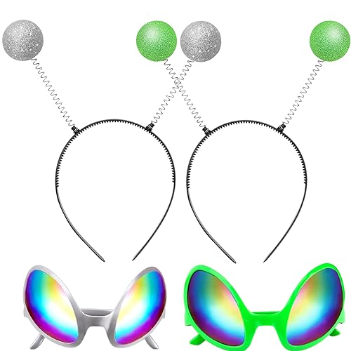 COLEESON 4 Stück Alien Kostüm Kinder, 2 Stück Antennen Kopfband 2 Stück Alien Sonnenbrille, Weltraum Kostüm, Alien Kostümzubehör für Halloween, Weihnachten,Karneval,Maskerade,Themenparty (A) von COLEESON