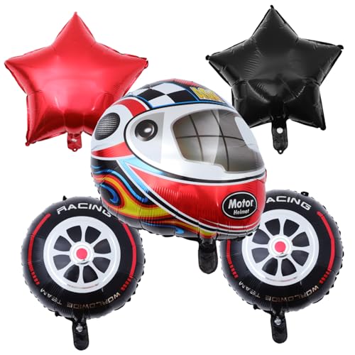 COLLBATH Rennwagen Helm Und Reifen Ballons Set 5 Teiliges Folienballon Set Für Geburtstagsfeiern Thema Party Dekoration Luftballons Für Kindergeburtstag Und Racing Deko von COLLBATH