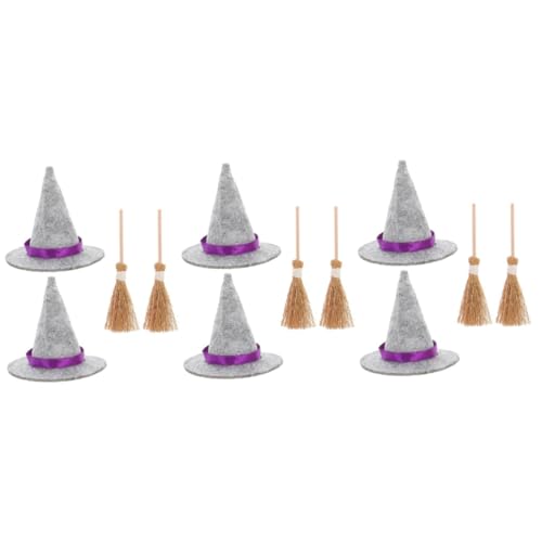 COLLBATH 6 Sätze Halloween-hexenhut Hexenbesen Halloween-weindeckel Kleiner Hexenhut Puppenhüte Hexenhut Kuchendeckel Halloween-zaubererzubehör Weinflaschenhülle Mit Hexenhut Holz Grey von COLLBATH