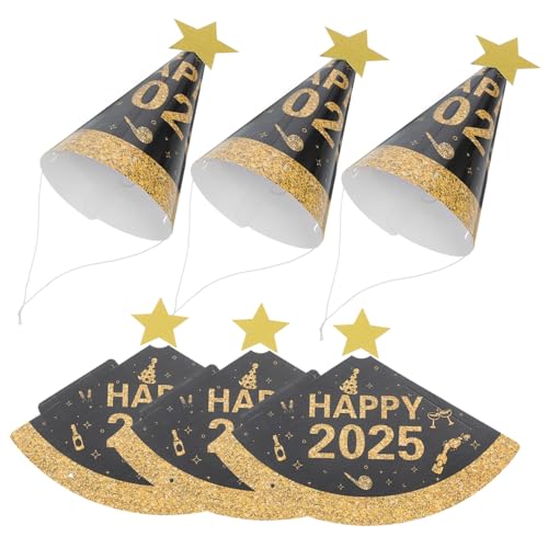 COLLBATH 6st Schwarzgoldener Papierhut Silvester-partyhüte 2025 Kegelhut Aus Papier Frohes Neues Jahr Partyhüte Frohes Neues Papierhut Neujahrshüte in Großen Mengen Nye Partybedarf von COLLBATH