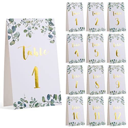 COLOFALLA 12 Stück Tischnummern Hochzeit 1-12 Weiß Gold Eukalyptus Tischkarten Taufe Kommunion Konfirmation Platzkarten goldfoliert Tischdeko aus Papier Nummern Zahlen für Geburtstag Party von COLOFALLA