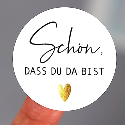 120 Pcs 4cm Schön dass du da bist Sticker Hochzeit Aufkleber Rund Herz Goldfolie Gastgeschenke Hochzeitsdeko Taufe Kommunion Konfirmation Deko (Schwarz) von COLOFALLA