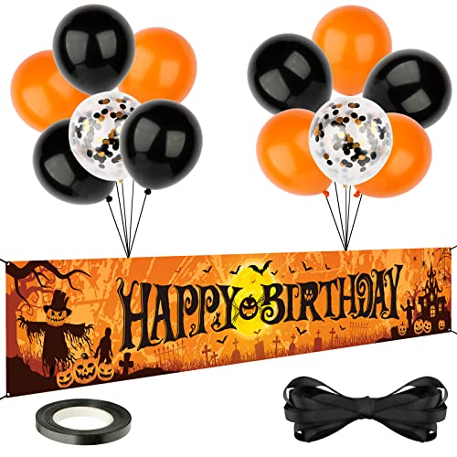 13 Stk.Halloween-Motiv Geburtstagsdeko Happy Birthday Banner 300x50cm 12 pcs Luftballons Orange Schwarz Ballons Party Deko Foto Hintergrund für Geburtstag Halloween Kindergeburtstag von COLOFALLA