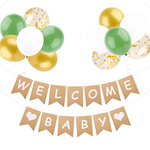 13Pcs Babyparty Deko Neutral Welcome Baby Banner Girlande Baby Willkommen Zuhause Luftballons Grün Gold Vintage Wimpelkette Deko Kindergeburtstag Babyparty Baby Shower Taufe Junge Mädchen (A) von COLOFALLA