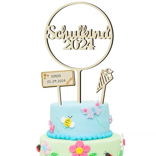 COLOFALLA 3 Stk Tortendeko Einschulung - Schulkind 2024 Cake Topper aus Holz - Cupcake Topper Torten Kuchen Deko Schulanfang - Schuleinführung Party Deko Geschenke für Junge Mädchen von COLOFALLA