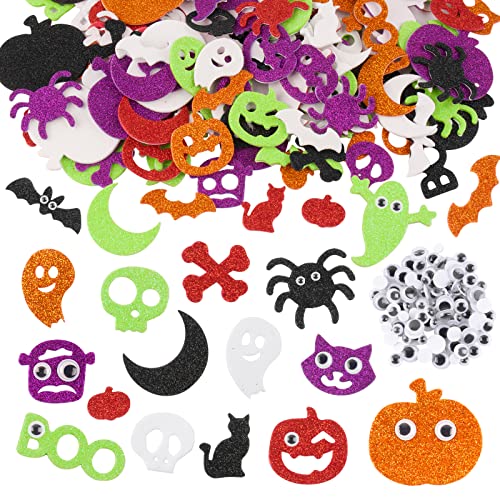 300 Stk Halloween Aufkleber für Kinder 200 pcs Schaum Sticker Glitzer 100 Pcs Wackelaugen Selbstklebend Kulleraugen Aufkleber DIY Basteln Halloween Party Deko Geschenke Kindergeburtstag Mitgebsel von COLOFALLA