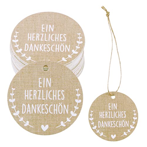 50 Pcs Geschenkanhänger Danke Hochzeit Weihnachten Anhänger Etiketten Ein Herzliches Dankeschön Rund Vintage Gastgeschenke Deko und Jute Schnur Papieranhänger zum Basteln Taufe von COLOFALLA