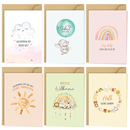 COLOFALLA 6 x Karten zur Geburt mit Umschlag Klappkarten Willkommen Baby Regenbogen Tiere für Junge Mädchen Glückwunschkarte Babykarten Geschenke zur Taufe Babyparty Oh Baby Party von COLOFALLA