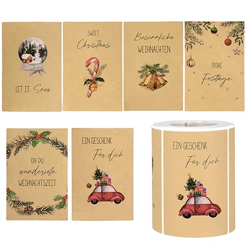 COLOFALLA 250 Stück Weihnachten Aufkleber Weihnachten Kraftpapier Geschenkaufkleber Selbstklebend Sticker Weihnachten Weihnachtsaufkleber Geschenk Etiketten Weihnachten von COLOFALLA