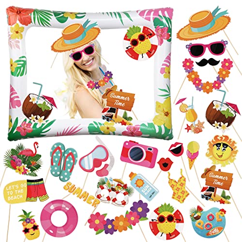 COLOFALLA Fotobox Accessoires Hawaii Aufblasbarer Fotorahmen Foto Requisiten Bilderrahmen Photo Booth Sommer Geburtstag Strand Aloha Party Deko für Hochzeit Schwimmbad Party Tropisch, 26Stk von COLOFALLA