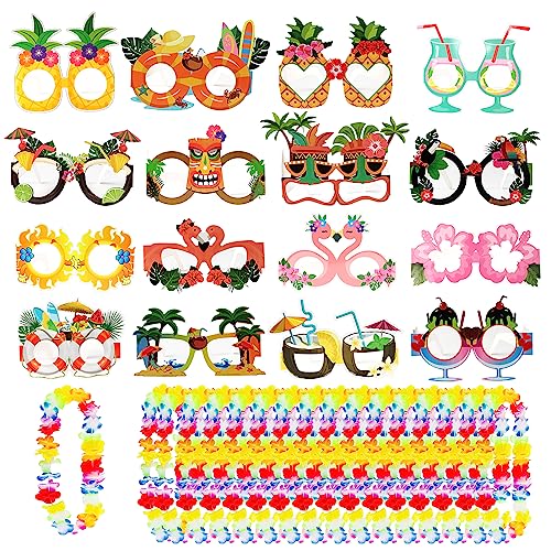 COLOFALLA 32 Stück Hawaii Party Accessoires 16 Stk Hawaii Brille 16 Stk Hawaiikette Blumenkette Blumen Ketten Kranz Luau Aloha Tropische Party Mitgebsel Sommer Fotorequisiten Deko von COLOFALLA