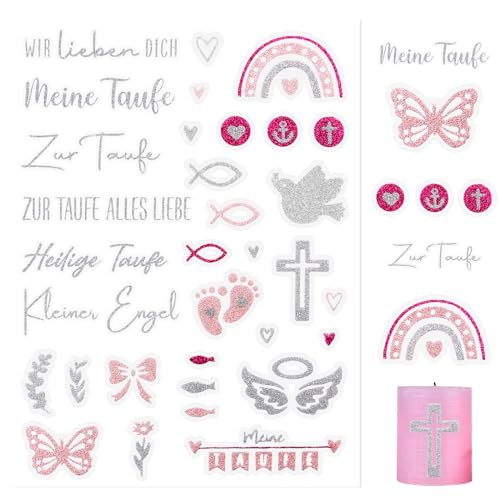 COLOFALLA 5 Bogen Taufe Sticker Taufe Aufkleber Glitzer Kommunion Aufkleber Kommunion Sticker Konfirmation Sticker Konfirmation Aufkleber Kerzentattoos Kommunion Pink Glitzer für Mädchen Kinder (Pink) von COLOFALLA