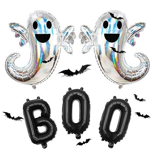 COLOFALLA 5 pcs Halloween Luftballons 12 pcs Halloween Wandtattoo Halloween Deko Fledermaus Silber Folienballons Ballons BOO Geist für Halloween Party Dekoration von COLOFALLA