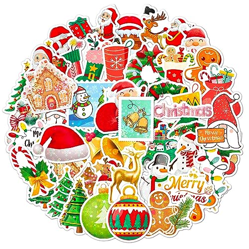 COLOFALLA 50 Stück Weihnachten Aufkleber Holografisch Sticker Merry Christmas Weihnachtssticker Weihnachtsaufkleber Wasserfest Basteln Deko für Geschenke Kinder Flasche Skateboard Laptop Album Fahrrad von COLOFALLA