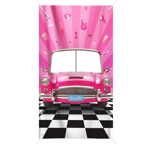 COLOFALLA Hippie Party Deko Geburtstag Deko 50er 60er Jahre Fotowand Foto Hintergrund Geburtstag Fotowand Pink Bus Deko Vintage Retro Foto Requisiten Banner für Tür Wand Tanzabend 100x180cm mit Seil von COLOFALLA