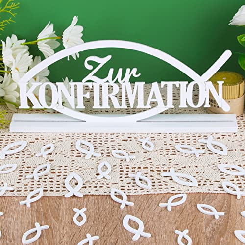 COLOFALLA Konfirmation Deko Holz Tischdeko Weiß Schriftzug Zur Konfirmation Holzdeko Aufsteller 36 Pcs Streudeko Fische Konfirmation Deko für Mädchen Junge Dekoration von COLOFALLA