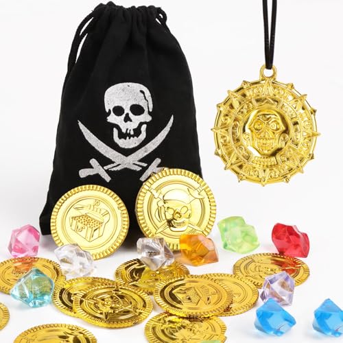 COLOFALLA Piraten Schatz Piraten Goldmünzen Set Goldmünzen Piratenschatz 10 Stücke Goldmünzen 10 Stücke Acryl Diamanten 1 Stück Golden Medaillen zum Piratenspiel für Kindergeburtstag Piraten Deko von COLOFALLA