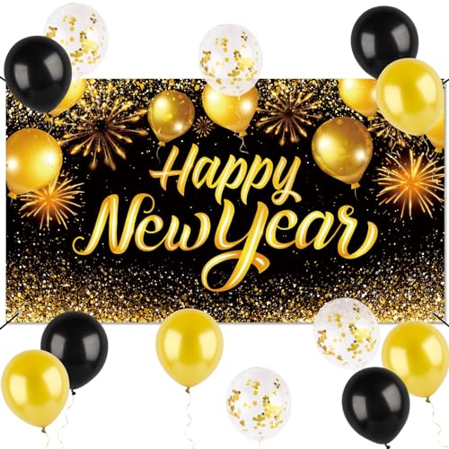 COLOFALLA Silvester Deko 2025 180x100cm Silvester Banner Happy New Year Banner Neu Jahr Banner 12 Luftballons Ballons Foto Hintergrund Fotorequisiten Neujahr Wand Dekoration Schwarz Gold von COLOFALLA