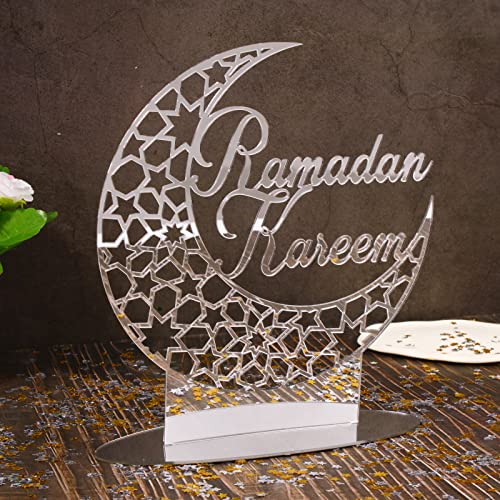 COLOFALLA Tischdeko Eid Mubarak Silber Schild zum Hinstellen Mond Ramadan Kareem Aufsteller mit 500Pcs Streudeko Konfetti Sterne Mond Verzierung für Islamische Party Bankett Muslim (Silber) von COLOFALLA