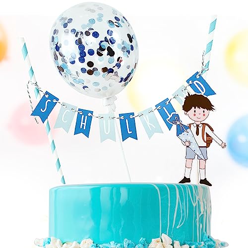 COLOFALLA Tortendeko Einschulung Junge Blau Cake Topper Schulkind Luftballon+Girlande Schulanfang Cupcake Torten Topper Schuleinführung Party Deko Kuchendeko für Junge Mädchen (Blau) von COLOFALLA