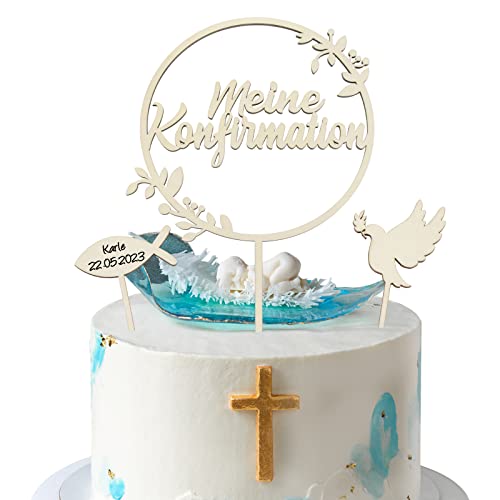 COLOFALLA Cake Topper Konfirmation Holz Meine Konfirmation Tortendeko Torten Topper Taube Fisch Kuchen Deko Tortendeko Party Dekoration für Junge Mädchen von COLOFALLA