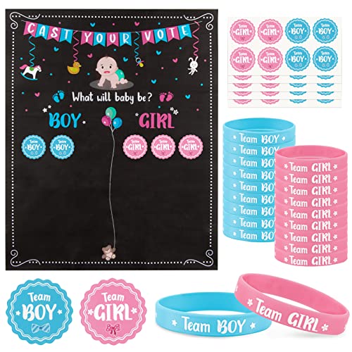 COLOFALLA Gender Reveal Party Deko Geschlecht Verkünden 1 STK Abstimmung Poster 40 Pcs Stickers 20 Pcs Team Girl or Boy Armbänder Spiele Mitgebsel für Enthüllung Party Baby Shower Babyparty von COLOFALLA