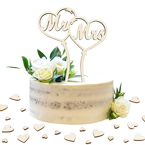 Cake Topper Hochzeit Holz Tortendeko Mr Mrs Torten Topper mit 50 Pcs Herzen Streudeko Tischdeko Tortendeckel Luftballon-Motiv für Hochzeit Jubiläum Verlobung Antrag (Bunt-D) von COLOFALLA