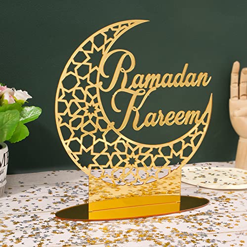 COLOFALLA Ramadan Kareem Deko Tischdeko Eid Mubarak Gold Schild zum Hinstellen Ramadan Aufsteller mit 500Pcs Streudeko Konfetti Sterne Mond Dekoraion für Islamische Party Bankett Muslim (Gold) von COLOFALLA