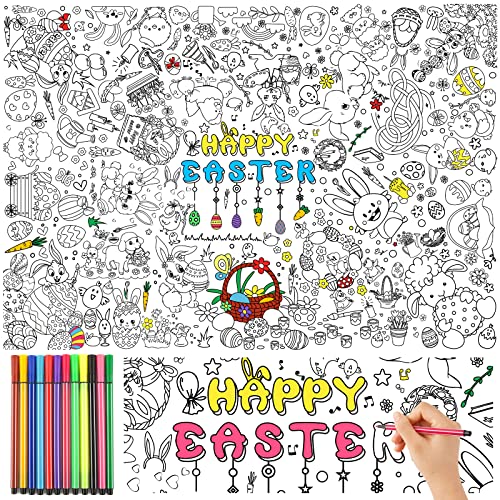 Tischdecke zum Ausmalen Ostern mit 12 pcs Buntstifte Ausmaltischdecke für Kinder Ostertischdecke Ostergeschenke Basteln Kinder Papiertischdecke zum Bemalen Ausmalbilder Happy Easter Kaninchen von COLOFALLA