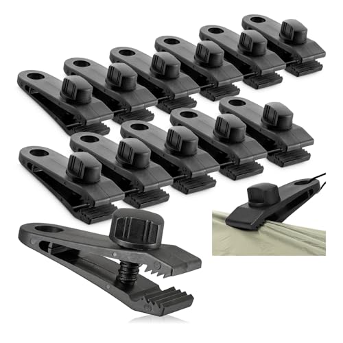 com-four® 12x Zeltplanenklemmen - Tarp Clips für Zelte, Banner, Segel, Markisen und Abdeckplanen - Markisenklemmen zum Abspannen - Flexible Planenspanner (schwarz - Klemmen - 12 Stück) von com-four