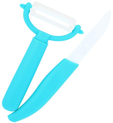 com-four® 2-teiliges Set aus Keramik Schäler und Messer - Schälmesser sehr scharf und 100% rostfrei - für Obst und Gemüse (blau) von com-four