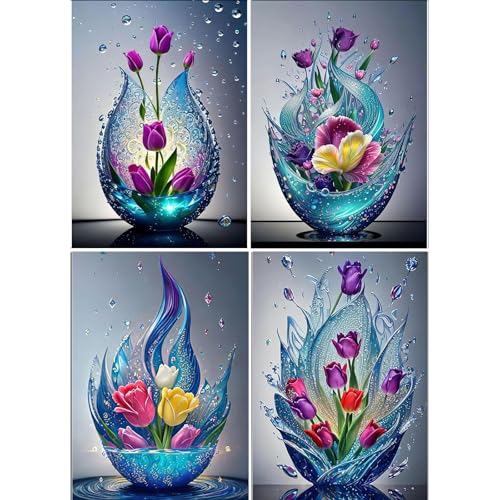 COMBYEO 5D Blume Diamant Painting Pictures, 4 Packs DIY Blume Diamant Art Painting Kits, Hängematte Diamond Painting Set for Adults Anfänger, Mosaic Making, Diamond Painting for Home Decor 30x40cm von COMBYEO