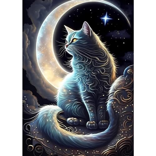 COMBYEO 5D Katze Diamond Painting Erwachsene Diamond Painting Mond Katze Diamant painting Bilder Set mit Zubehör Diamant Painting Bilder Kinder Full Drill Diamant painting 30x40 cm von COMBYEO