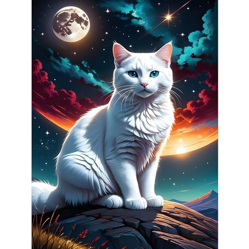 COMBYEO Katze Diamond Painting, 5D Diamant Painting Kits Bilder für Erwachsene, Mond Katze DIY Diamant Malerei Diamond Painting Kinder Bilder Set 30x40cm für Wanddekor von COMBYEO