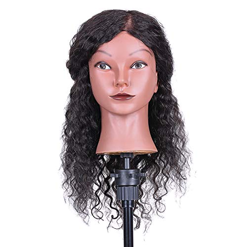 COMETX Training Direktor Curly Hair Mannequin Head Friseur Training Kopfschmuck Haar Styling Anwendung Haar Braid Puppenkopf 100% Human Hair Black von COMETX