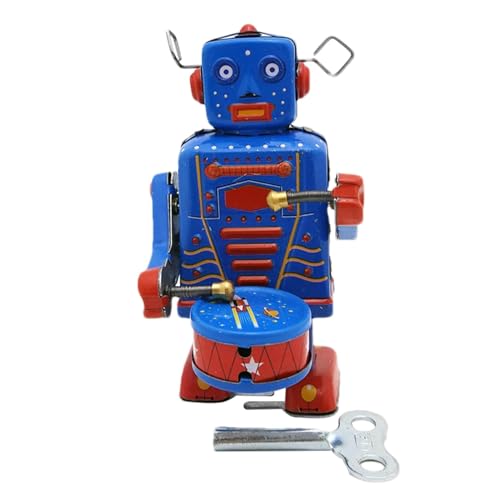 COMFOLIVING Aufziehroboter, Vintage Metallroboterspielzeug - Metallroboter-Trommelspielzeug - Blaues süßes Uhrwerkspielzeug, tragbares antikes Spielzeug für Bücherregal, Schlafzimmer, Tischdekoration von COMFOLIVING