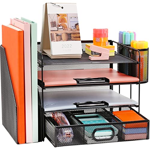 Schreibtisch Organizer mit Aktenhalter, 4 Ebenen Papier Briefablage mit Schublade und 2 Stifthalter, Netz Schreibtisch Ablagefächer Organiser mit Zeitschriftenhalter für Bürobedarf Dokumentenablage von COMFYROOM