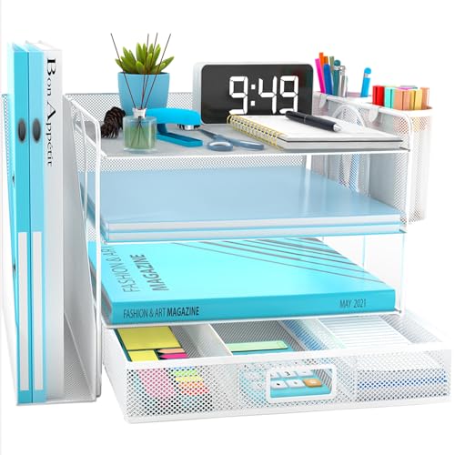 Schreibtisch Organizer mit Aktenhalter, 4 Ebenen Papier Briefablage mit Schublade und 2 Stifthalter, Netz Schreibtisch Ablagefächer Organiser mit Zeitschriftenhalter für Bürobedarf Dokumentenablage von COMFYROOM