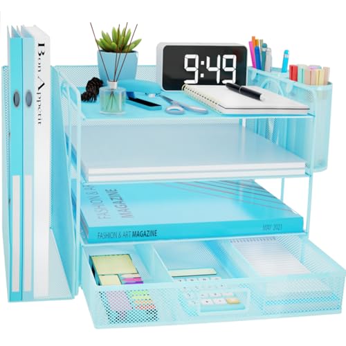 Schreibtisch Organizer mit Aktenhalter, 4 Ebenen Papier Briefablage mit Schublade und 2 Stifthalter, Netz Schreibtisch Ablagefächer Organiser mit Zeitschriftenhalter für Bürobedarf Dokumentenablage von COMFYROOM