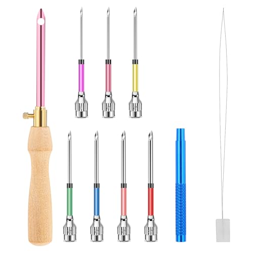 COMNICO 10 Stück Punch Needle Set Punch Stickerei kit Verstellbares Punch Needle Werkzeug mit Nadelköpfen in 7 Größen Nähkunst Nadelwerkzeug Holzgriff Stickstift für Flossing Kreuzstich DIY von COMNICO